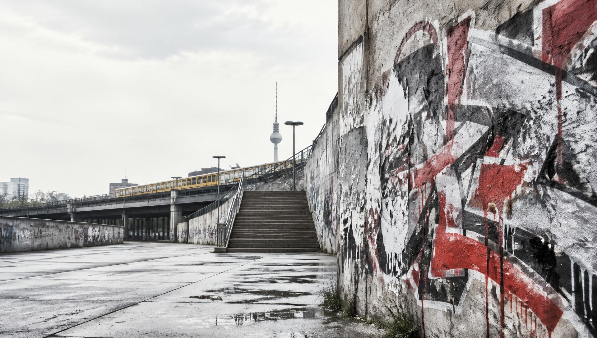 Berliner Stadtlandschaft mit abstrakter Graffiti-Wand